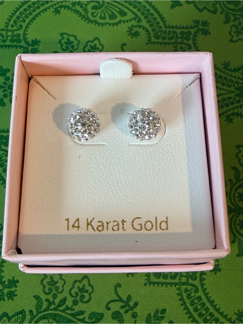 14 Karat Gold Crystal Pavé Stud Earrings - Silver Sparkle NEW in Box